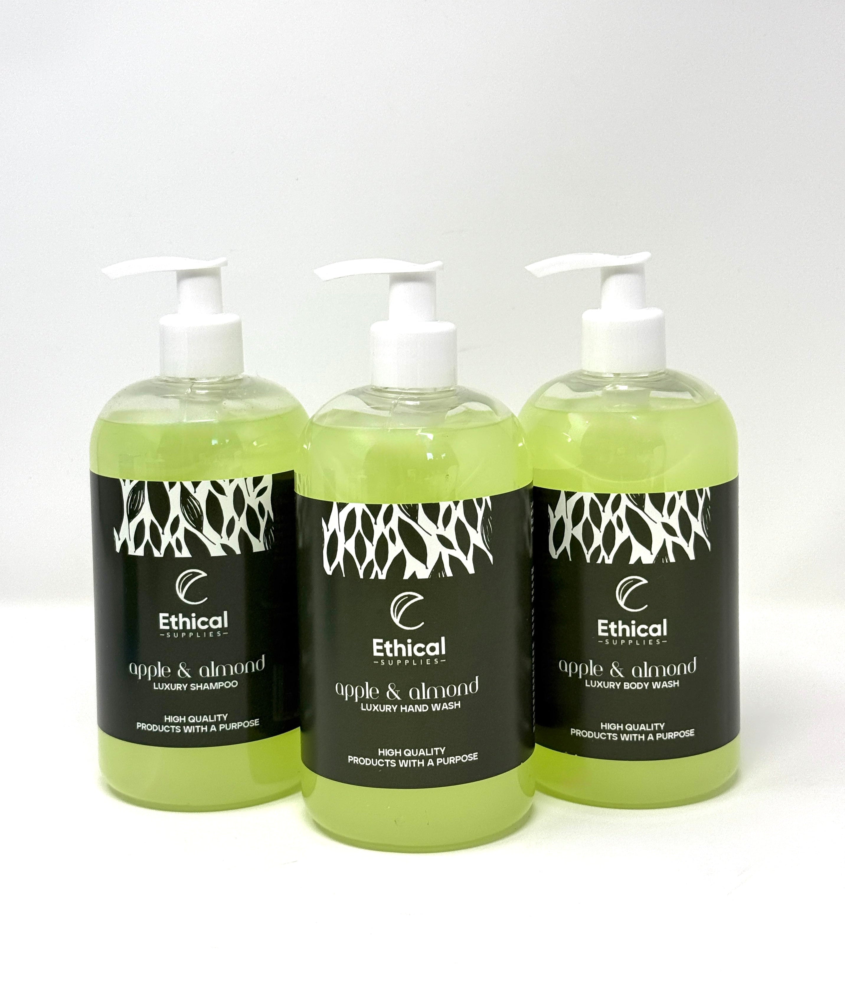 Three bottles of Ethical Skincare Apple & Almond products on a white background
