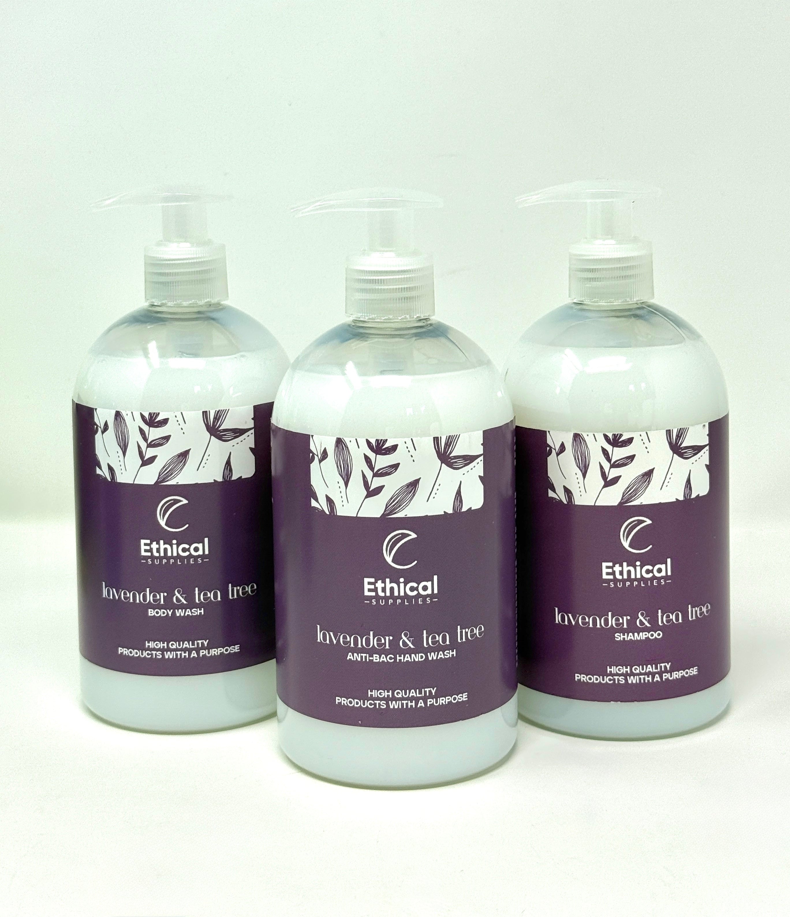 Three bottles of Ethical Lavender & Tea Tree shampoo on a white background
